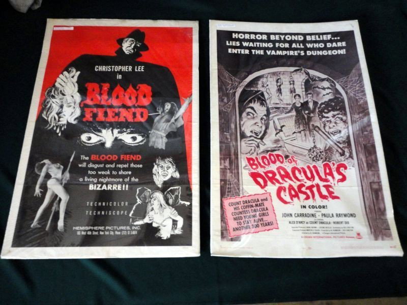 TWO VINTAGE HORROR MOVIE POSTERS: Lot Inc. 2 Black, Red & White Posters, Horror Movie Posters, Christopher Lee In "Blood Fiend", & John Carradine & Paula Raymond In "Blood Of Dracula's Castle, Under Shrink Wrap, Against Cardboard, 41"