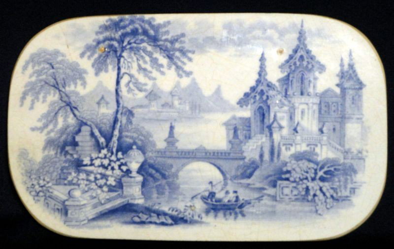 19TH CENTURY WEDGWOOD IRONSTONE TILE: Rectangular Plate w/Rounded Corners, White w/Detailed Blue Asian Scene, Back Marked "Ironstone Geneva J. Wedgwood & IV F W Rd 17 3," Tape Tag Reads "March 17, 1847," English Design Registry Shows 1873