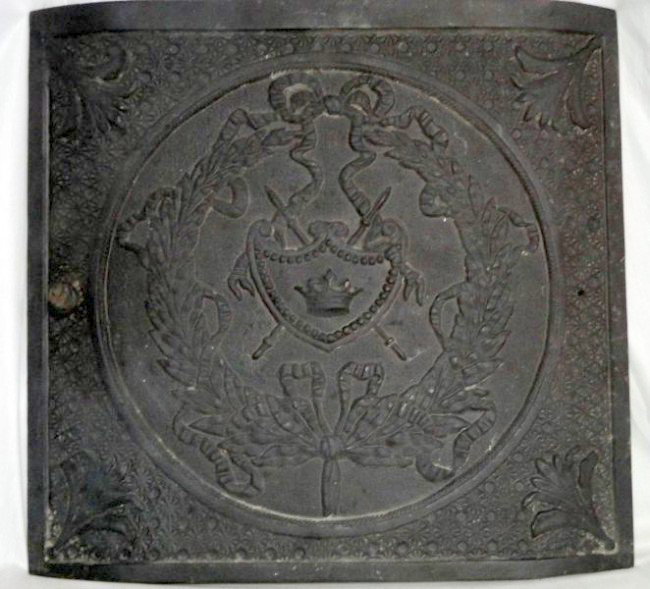 CAST IRON HEAT SHIELD: Fireplace Heat Shield, Embossed w/Center Shield, Crown, & Sword Medallion, Knob Handle, Curved at Sides, 21"W X 19"T.