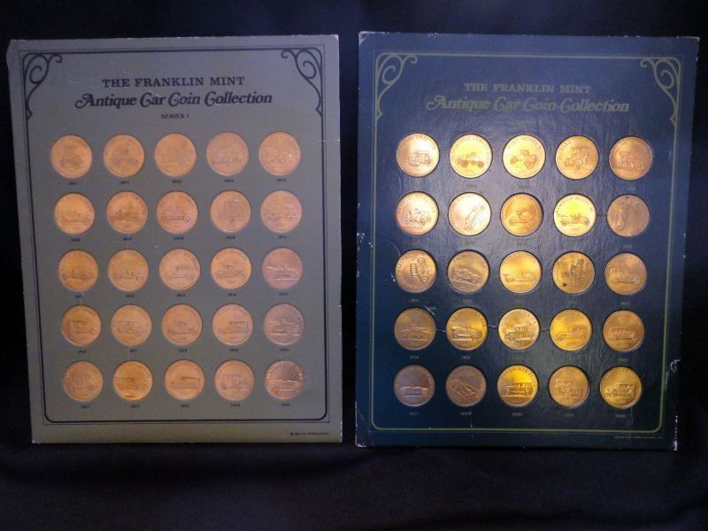 BRONZE ANTIQUE CAR COIN COLLECTION: The Franklin Mint Antique Bronze Car Coin Collection, Series 1 & 2, Each 25 Coin Set Features Examples Of Famous Vintage Cars Beginning In 1901, Ending In 1925, Won As A Prize In Sunoco Car Coin Game,