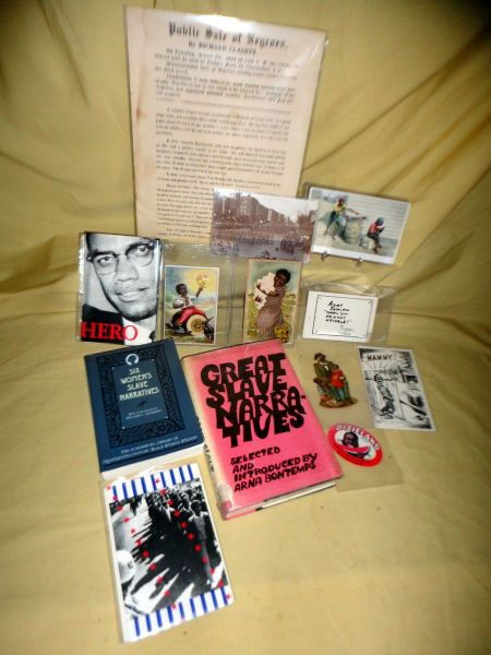 BLACK AMERICANA POSTER & CARDS LOT: 17 Pieces Including: Public Sale of Negroes Poster; 8 Malcolm X Post Cards, 2 Post Cards, "Bliss" Post Card, Buffalo Soldiers; J&P Coats' Best Six Cord Spool Cotton Card; Directions For Use Fairbank's