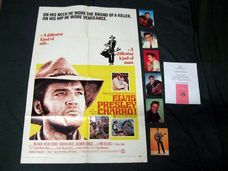 ELVIS PRESLEY LOT: Lot Inc. 1969 National General Pictures Elvis Presley As The One Called Charro Movie Poster, 56”L X41”W; 6 Elvis Post Cards; Love Me Tender Pin Back Button, Red & Blue Record Design w/White Letter
