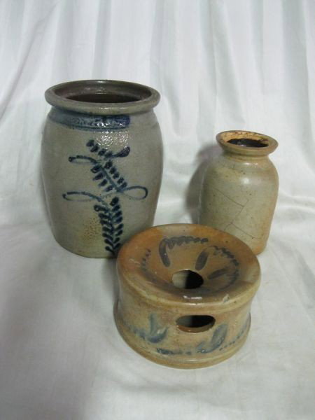 THREE PIECE CROCK LOT: Inc. #3 Mark Spittoon, Found 1984 Hecktown, Van Steuben House, Glazed & Painted w/Blue Curved Lines, 6.5"D X 3.75"T; Crock, Gray Glaze w/Decorative Indigo Blue Vine, 6.5"D X 9.25"T; & Sand Color Bottl