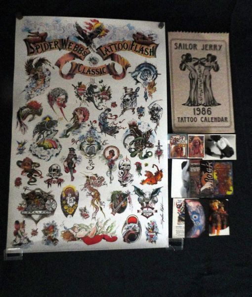 TATTOO LOT: Lot Includes: 1995 Signed & Dated Spider Webb Classic Tattoo Flash Poster Showing 38 Original Color Tattoo Designs; 1986 Original Sailor Jerry Collins 12 Month Calendar, 1992 Beauty & Skin Art Trading
