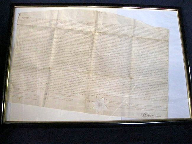1828 ORPHANS COURT DOCUMENT: Document Filed In 1827 By Oldest Heir Jonathan Bachman Requests Property To Be Divided Among The 6 Heirs, Finalized 1828, w/Seal & Signature Of Court, Protected By Plexiglas, 21”T X 31.5”W.