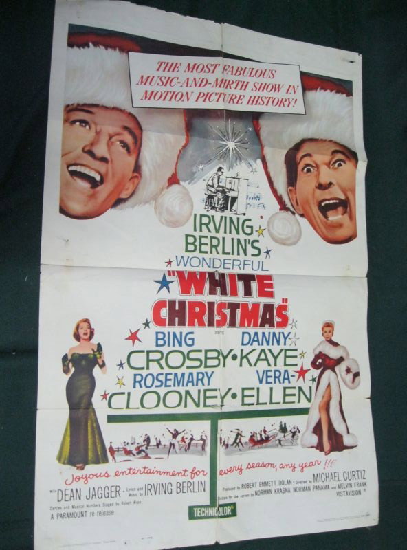 BING CROSBY WHITE CHRISTMAS MOVIE POSTER: 1961 Paramount Pictures, Colorful Poster Also Stars; Danny Kaye, Rosemary Clooney, & Vera Ellen, 40”T X 26”W.