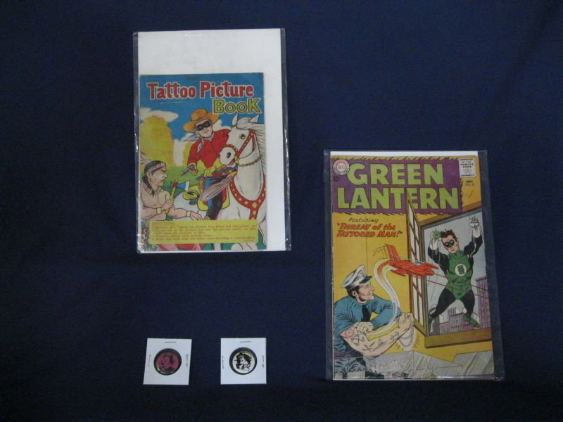 COMIC & CARTOON COLLECTIBLES: Lot Includes 2 Pin Back Buttons: Dick Tracy & Felix (The Cat); Tattoo Picture Book Containing 4 Pages Of Washable Tattoos (Marked Japan); & 1963 DC Comics Green Lantern Featuring “Threat Of The Tatt