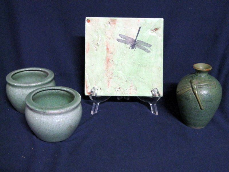 FOUR PIECE CERAMIC LOT: Inc. 4 Green Pieces, 2 Round Planters, 4”D X 3”T; Square Trivet, w/Dragon Fly Decal, 6”Sq; & Dragonfly Embossed Vase, 5”T.