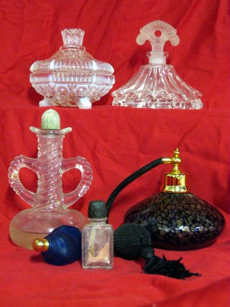 LADIES GLASS LOT: Lot Includes: 4.25”H Clear Glass Perfume Bottle Flared Saw Tooth Base w/Fan Frosted Stopper Taged New York London Paris 7711;3.5 Moonstone Octagonal Footed Covered Box w/Lid; 5.5”H Double Handled