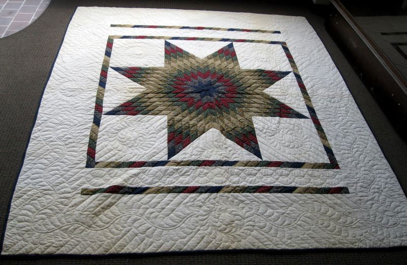 LONE STAR QUILT: Lightweight, Earth Tone, Calico Print Star On White Background & White Liner, Detailed Machine & Hand Stitching, 88”W X 103”L.
