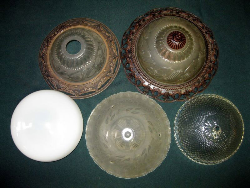 LIGHT FIXTURES & SHADES: 5 Ceiling Light Fixtures & Shades Including: 2 Flushmount, Bronze Metal Edge, Frosted Glass Center w/Floral Design; Center Post, Clear Glass w/Diamond Pattern; Classic White Glass Shade & Frosted Glas