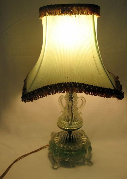 PRESSED GLASS DRESSER LAMP: Sweet, Little Retro Dresser Lamp, Floral, Diamond, & Ribbed Design w/3 Scrolling Decorative Arms, Reverse Green Painted Base, & Green Plastic Accordion Style Shade, 14”T.