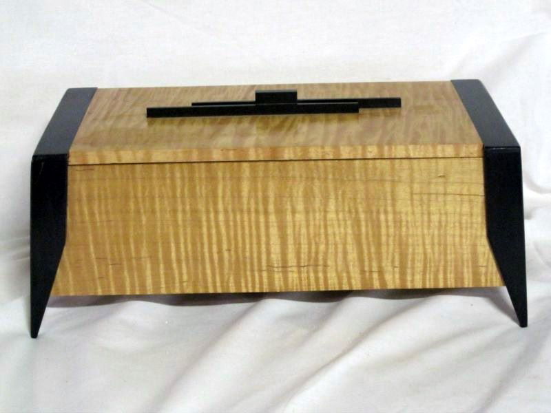 HANDCRAFTED OLIVE ASH BURL WOOD BOX: Beautiful Post-Modern Crafted Wood Box, Olive Ash Burl w/Ebony Wood Detail Top and Legs, Interior Finished w/Felt Bottom, Signed Dan White 8/8/01.