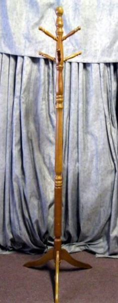 TURNED COAT RACK: Pedestal 3 Leg Base, 6 Coat/Hat Hooks, Light Wood Finish, 72”T.