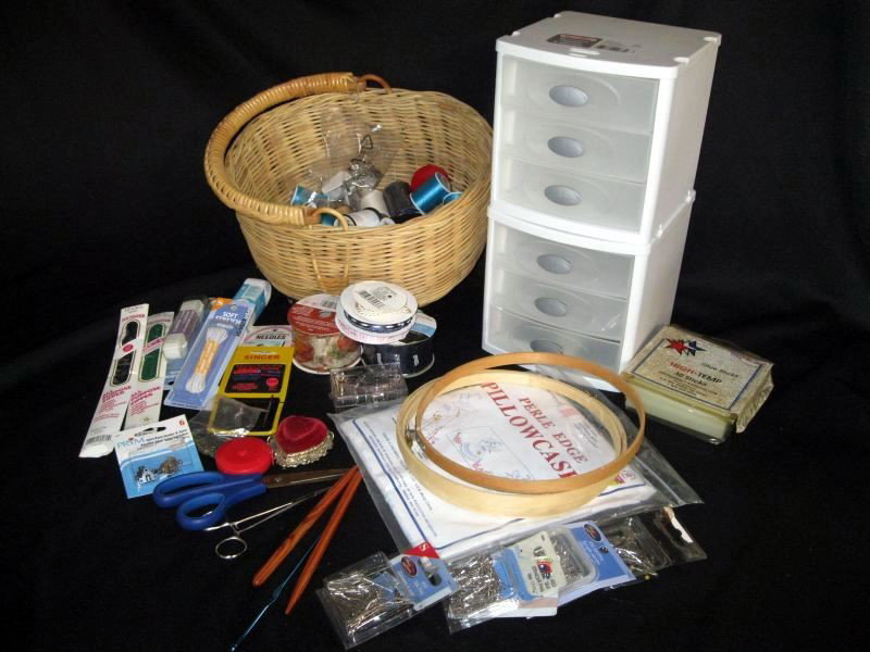 SEWING LOT: Lot Includes: Two 3-Drawer Organizers, Basket Full of Thread, Needles, Elastic, Pins, Scissors, Bobbins & More.