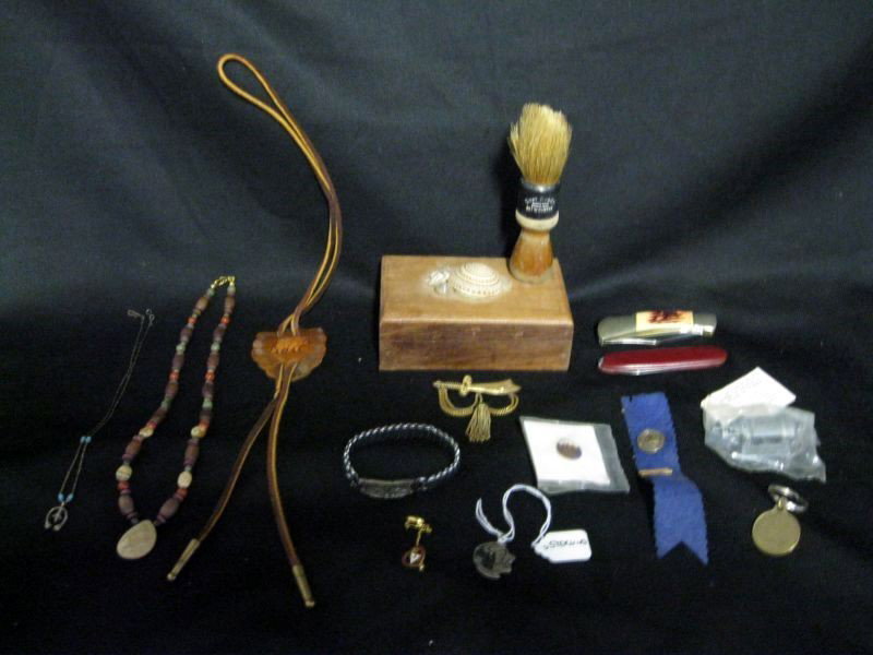 MEN'S LOT: Lot Inc. Sterling Florida State Mascot Pendent (1”L), Ever Ready Wood Handle Shaving Brush, Alter Boy Bracelet, Shriners Pin, U.S. Navy Honorable Discharge Pin, Bobcat Pin, Arrow Pin, 2 Pocket Knive