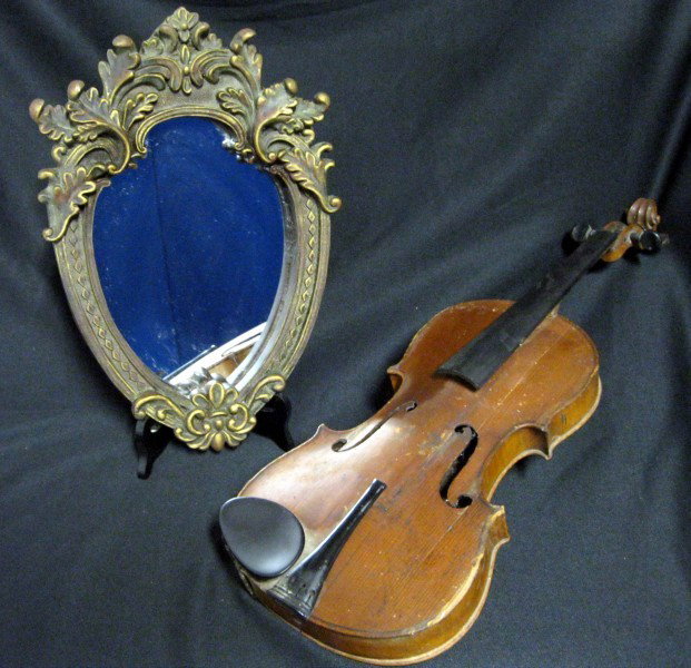 VIOLIN & MIRROR DECORATIVE LOT: Lot Includes a Wood Violin w/Dark Wood Neck Cut Scroll Design (23.5”L) and Decorative Oval Mirror, Scroll Work Top & Bottom (15”L).