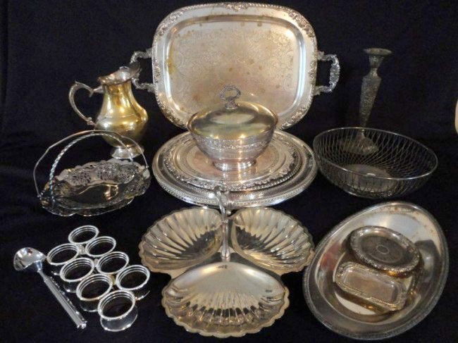 SILVER PLATED SERVING LOT: Lot Includes 32 Piece, 8 Round Serving Platters, Double Handle Tray, Pitcher, Candle Stick, Open Basket, 2 Pierced Handle Plates, Rectangular Dish, Footed Bowl, 8 Napkin Rings, 4 Coasters, 2 Pin Dishe