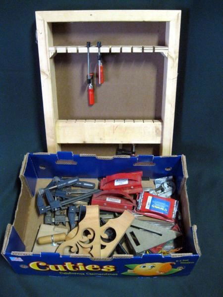ASSORTED TOOLS: Lot Inc. Bar Clamps, Sanding Pad, Wood Clamp Storage Box, Etc.