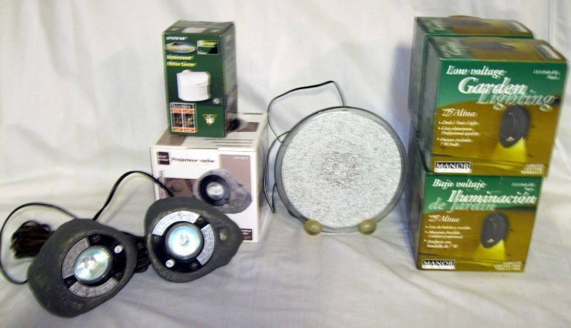OUTDOOR LIGHTING PLUS LOT: Lot Inc.4 Manor House Low Voltage, Deck/Stair Lights (in Box), 3 Manor House Rock Spot Lights (1 in Box), Dual Brite Replacement Motion Sensor, Light Fixture Electrostorm Disk, APC Surge Arrest Profes