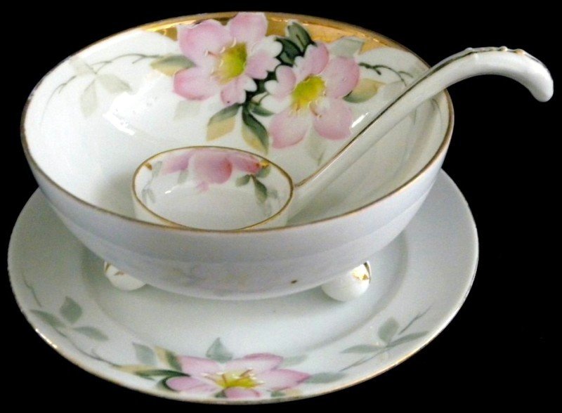 NIPPON AZALEA MAYONNAISE SET: Handpainted Footed Bowl, Underplate (5.5” D) and Ladle w/Blue Nippon Mark.