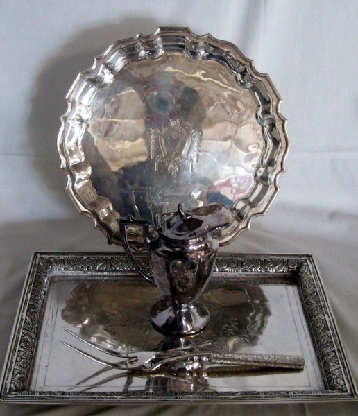 SILVER TRAYS, CREAMER, MEAT FORK: 4 Piece Silver Plated Lot Inc. Rectangular Etched Tray, Pairpoint Manufacturing; Covered Creamer, Homan Manufacturing Co. Made in USA,; Round Footed Tray w/Scallop Rim, L. B. S. Co. & Meat Fork w/ Emb