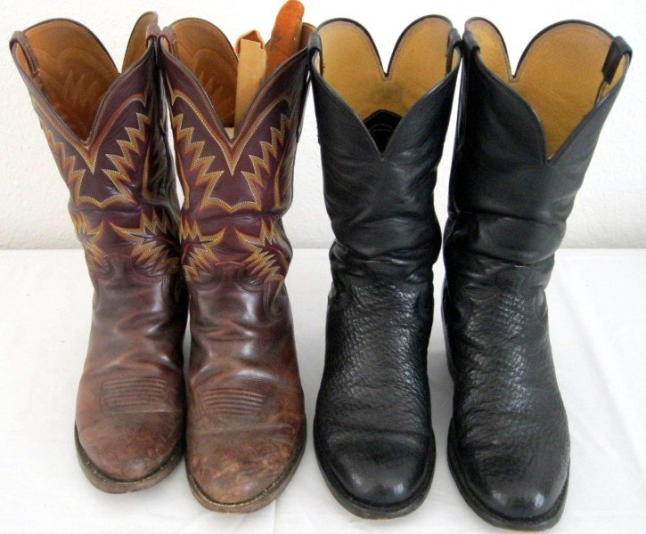COWBOY BOOTS: Two Pair “Paul Bond” Cowboy Boots, Brown in Calfskin and Black in Shark & Kangaroo, Size 10.