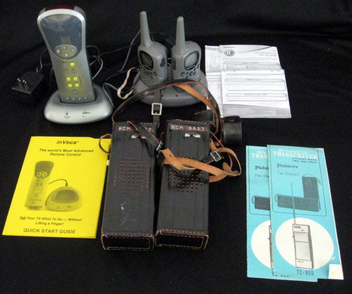 ELECTRONIC LOT W/WALKIE TALKIES: Lot Includes inVoca Voice Activated Remote Control; Philmore Citizens Band 2-Way Radio Set and Radio Shack 6-Mile, 2-Way Radios w/Charger.