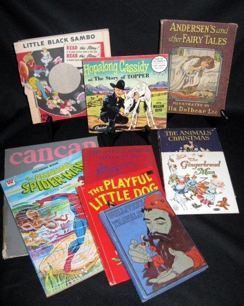 VINTAGE CHILDREN'S BOOKS PLUS: 10 Book Lot Including Hopalong Cassidy Story of Topper 45 Record, Little Black Sambo (Damage, No Record), Little Engine That Could (1930), Gulliver's Travels, Anderson's & Other Fairy Tales (About 190