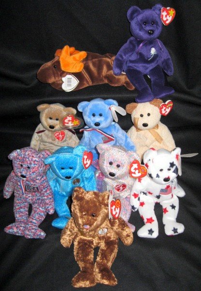 BEANIE BABY COLLECTION: 377 Beanie Babies, 1993 (Chocolate)-2001, Only One Noted Without Tag. Includes Princess Di, Complete List Available on Request (Ref. Code BBPA623). Together w/1999 Beanie Baby Official Calendar.