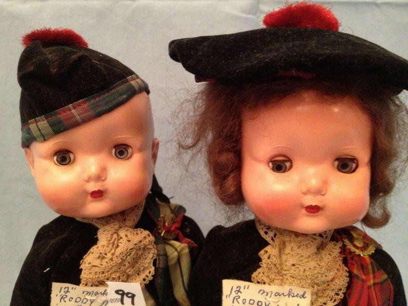 Hard Plastic Roddy Walker Dolls: Hard Plastic Roddy Walker Dolls 2 Hard Plastic Roddy Walker Dolls The boy and girl dolls are dressed in original Scottish kilts.Measurements: 12"Condition: Excellent stored in display cases and from a
