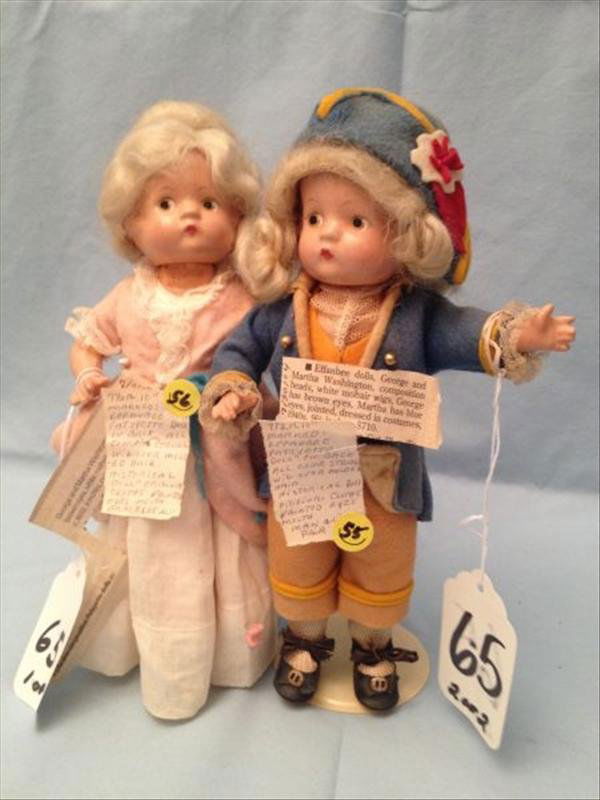 Effanbee Composition George & Martha Washington: Effanbee Composition George & Martha Washington Effanbee Composition George & Martha Washington Includes: composition bodies brown side glancing eyes original outfits jointed body and mohair wigs.Meas
