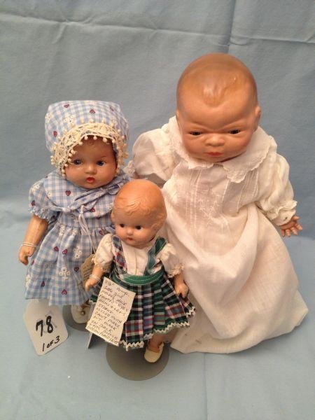 Composition Baby Dolls Bye-Lo & Others: Composition Baby Dolls Bye-Lo & Others 3 Composition Baby Dolls Bye-Lo & Others Includes: Grace Putnam composition Bye-Lo with sleep eyes together with 2 jointed all composition dolls.Measurements: 8.