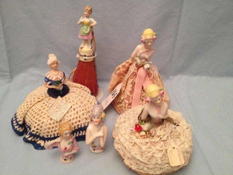 Pincushion Dolls & German Gretel Whisk Broom: Pincushion Dolls & German Gretel Whisk Broom 4 Pincushion Dolls & German Gretel Whisk Broom Measurements: 8" and smallerCondition: Very Good stored in display cases and from a no-smoking environment.