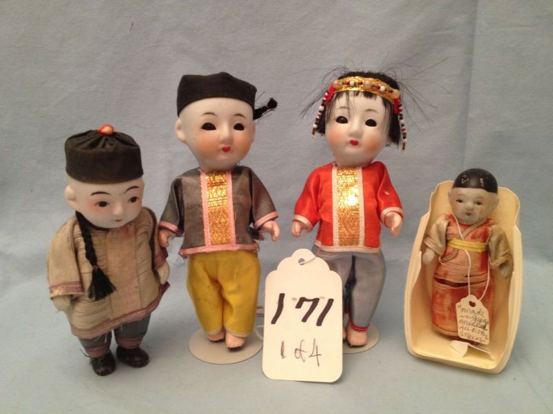 Bisque Oriental Dolls: Bisque Oriental Dolls 4 Bisque Oriental Dolls Measurements: 6" and smallerCondition: Very Good stored in display cases and from a no-smoking environment.