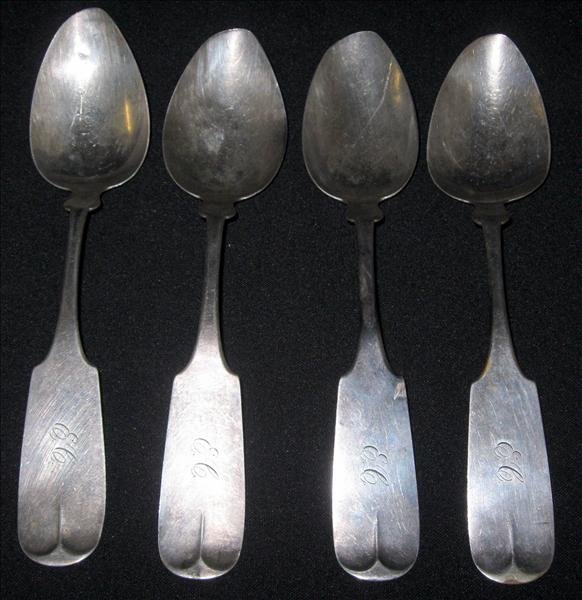 Four Fiddle Back Sterling Spoons: Spoons Marked W & H (Wood & Hughes Used 1871 Until Closed in 1899) and A.H. Miller Chicago IL. 8"L, 5.22 Troy.