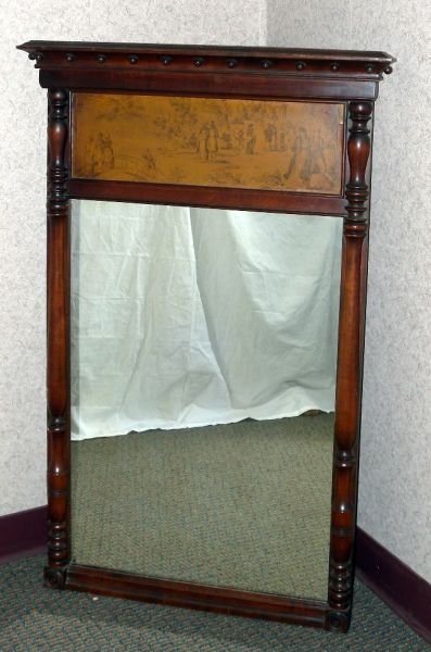 Entry Mirror: Mirror w/Balls Beneath Cornice, Over Park Scene, Half Round Turnings, 25.5"W x 40.5"T.