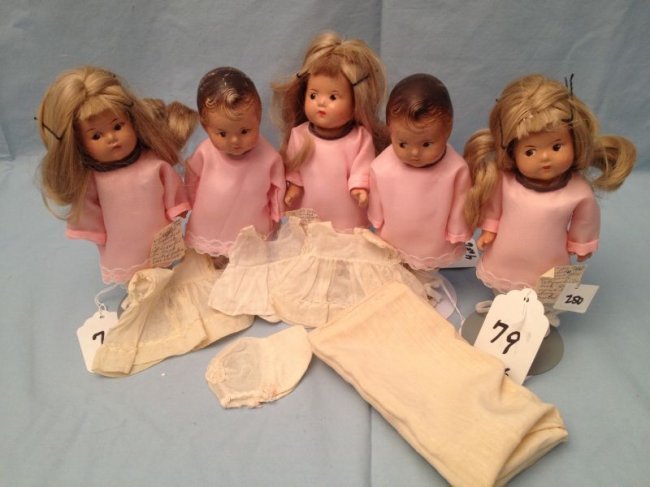 Madame Alexander Composition Dionne Quints: Madame Alexander Composition Dionne Quints Includes: painted eyes molded hair composition bodies 3 have wigs. Also includes 3 original dresses blanket and one bonnet. Includes partial box for 1 doll. 