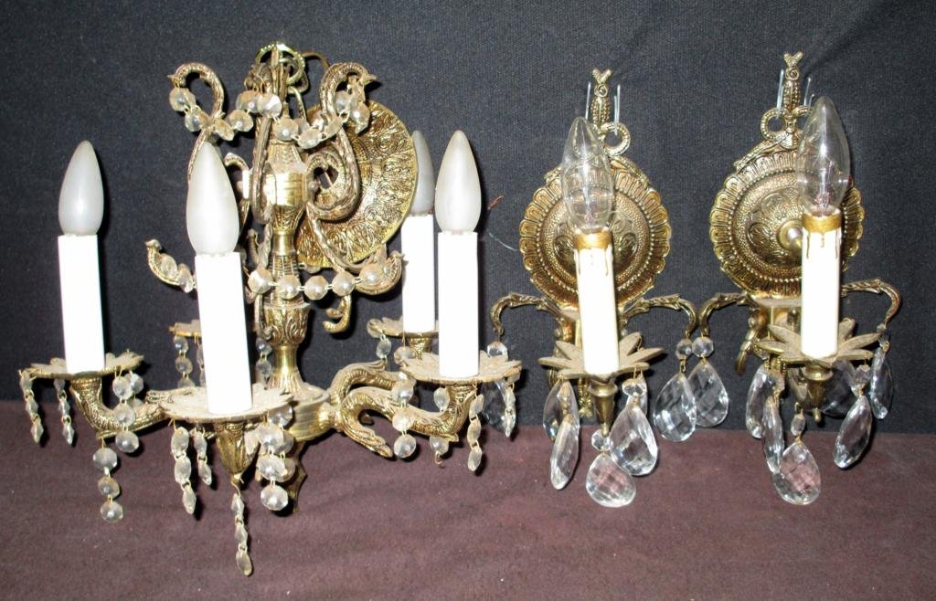 Lamp Chandelier & Sconces: Five-Arm Chandelier (11.5"T x 11.75"W) and 2 Wall Sconces (10.25"T), Both With Crystals. Condition: Some Loose Crystals.