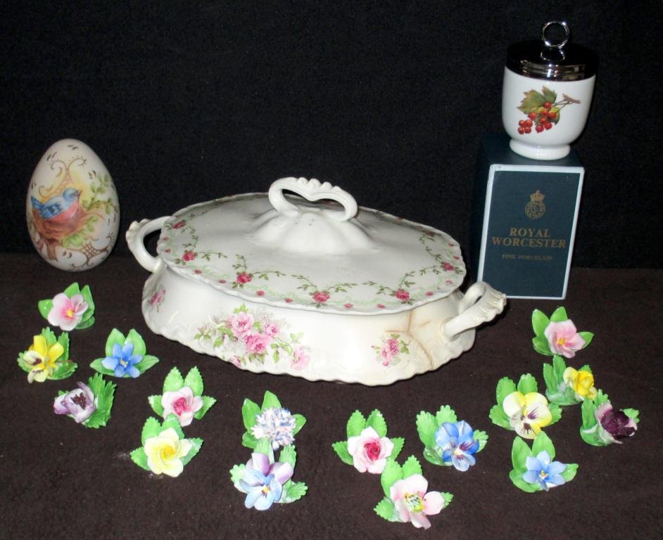 Decorative Porcelain Lot: China Lot Antique Covered China 11.25 x 8 x 3' Dish 2 Packages Of Royal Adderley Bone China Floral Place Card Holders, 1 Ceramic Painted Egg Marked "By Jenelle Carter And 1 Royal Worcester Egg Caddy i