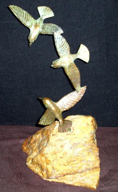 Metal Bird Sculpture: Bronze Or Copper Sculpture of Birds, Mounted On An Onyx Base (14.5"W x 7"T).