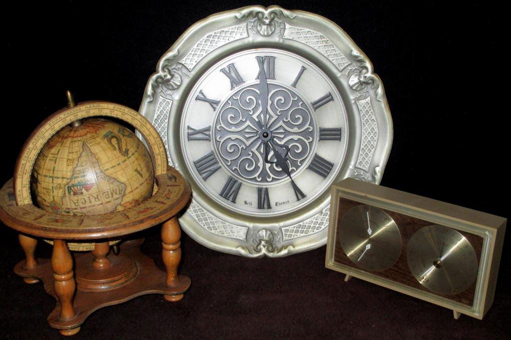 International Lot: World Lot 9" x 7.5" Globe Marked Made in Italy, Temp And Humidity Meter Marked Taylor International Company Ashville NC USA And Pewter Plate Seth Thomas Battery Operated Wall Clock Model 2451-000.