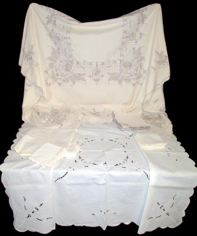 Embroidered Tablecloth & Napkins: Lot Includes 3 Tablecloths (40" x 40.75") w/18 Napkins; 1 Tablecloth (69" x 84.5") w/12 Napkins.