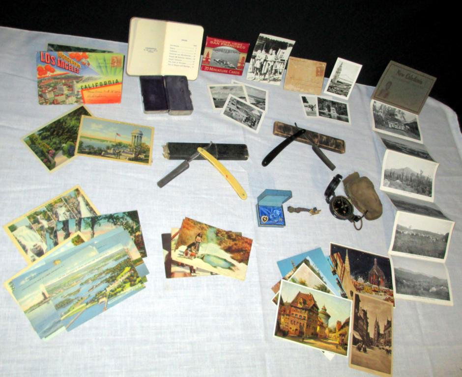 Postcards & Pins Razors: Lot Including Vintage and European Cards; Sorority and Jr Div. NRA Pin; QB Hangars Book; Compass w/Pouch; Metal Case; 2 Straight Edge (One Made in Germany).