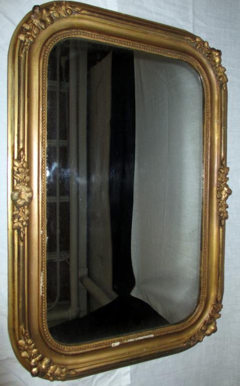Rectangular Gilt Mirror: Gilt Mirror Plaster On Wood Frame, 32" x 21.5". Gilt Flaking in Spots, Foxing On Back Of Mirror.