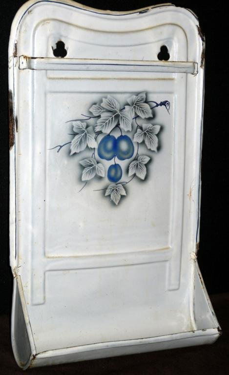 White Enamel Wall Towel Rack: White Enamel Wall Towel Rack Metal With Hand Painted Fruit & Leaves in Blue 12" x 20.5"T. Some Enamel Chipped w/Some Rust.