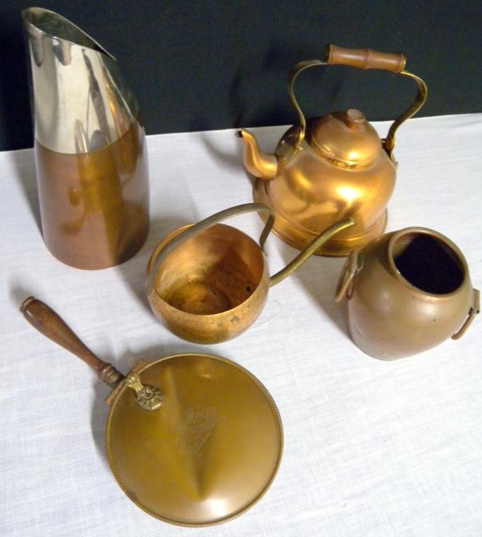 Copper Lot: 5 Piece Lot Includes Portuguese Kettle, Small Pitcher, Double Handled Vase From Chili (Marked Recuerdo), Italian Silent Butler and Multi-Metal Urn.