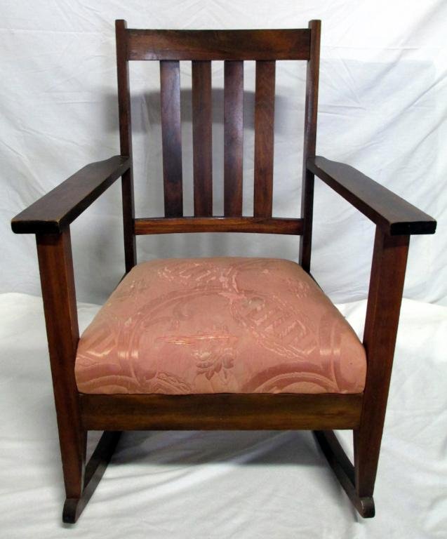 Slat Back Birch Rocker: Slat Back Rocker, Birch w/Spring Seat, Wear On Cushion, 33.75" CBH.