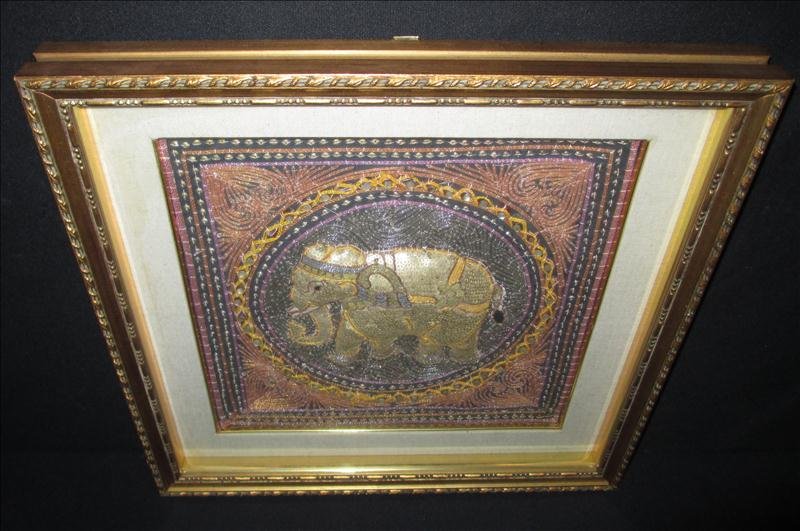 Relief Elephant Artwork: Relief Elephant Artwork Under Glass, Stitched Beadwork and Embroidery. 19.5X19.5" Sight 14 x 14".