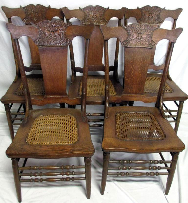 Five Oak Northwind Side Chairs: Five Oak Side Chairs w/Northwind Faces in Crest, Turned Front Legs and Spindles, Caned Seats, 38.75"CBH.